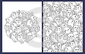 Coloring pages set with cute birds. Doodle animals templates for coloring book