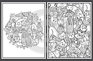 Coloring pages set with cute cats. Doodle feline animals for coloring book