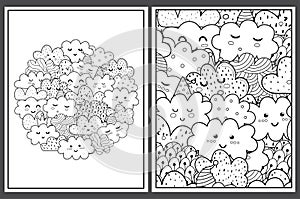 Coloring pages set with cute clouds. Doodle cosmic characters templates for coloring book