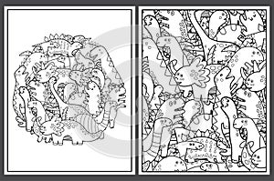 Coloring pages set with cute dinosaurs. Doodle dino animals templates for coloring book photo