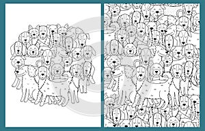 Coloring pages set with cute dogs. Doodle puppy animals templates for coloring book