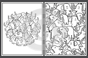 Coloring pages set with cute elephants. Doodle safari animals templates