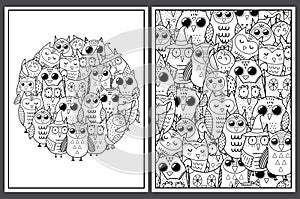 Coloring pages set with cute owls. Doodle birds for coloring book