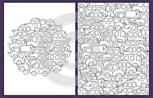 Coloring pages set with doodle cars. Outline vehicles background for coloring book