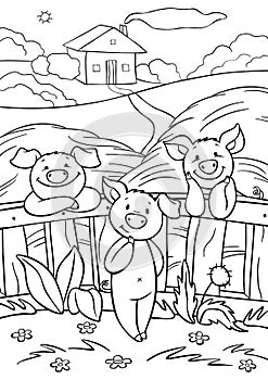 Coloring pages. Three little cute pigs are near the fence in the hay.