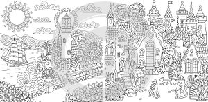 Coloring pages with town landscapes