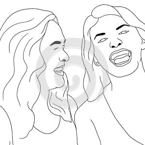 Coloring pages two girls laughing or smiling, girls happy moment, flat colorful illustration of people for friendship day. hand-