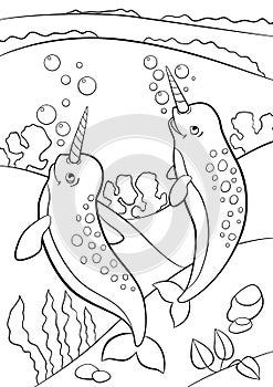 Coloring pages. Two little cute narwhals swim underwater.