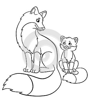 Coloring pages. Wild animals. Mother fox with her little cute baby.