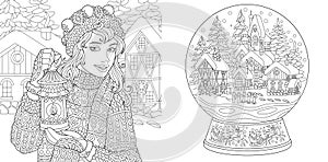 Coloring pages with winter girl and magic snow ball