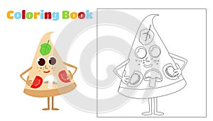Coloring a piece of fun pizza. Food has a face, arms and legs and smiles happily. Worksheet for children in kindergartens.