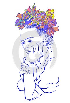 Coloring portrait of sad Frida Kahlo photo