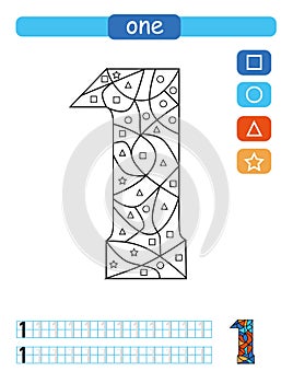 Coloring printable worksheet for kindergarten and preschool. Learning numbers and simple shapes.