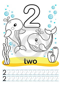 Coloring printable worksheet for kindergarten and preschool. We train to write numbers. Math exercises. Bright figures on a marine