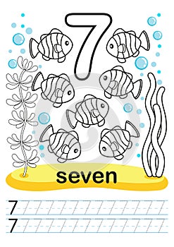 Coloring printable worksheet for kindergarten and preschool. We train to write numbers. Math exercises. Bright figures on a marine