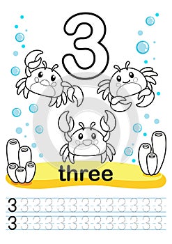 Coloring printable worksheet for kindergarten and preschool. We train to write numbers. Math exercises. Bright figures on a marine