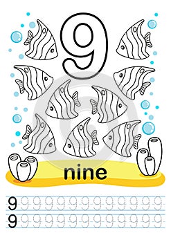 Coloring printable worksheet for kindergarten and preschool. We train to write numbers. Math exercises. Bright figures on a marine photo