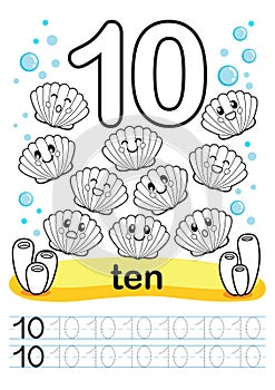 Coloring printable worksheet for kindergarten and preschool. We train to write numbers. Math exercises. Bright figures on a marine