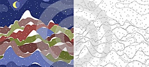 Coloring and seamless night pattern with snowy mountain and sky with moon and snow