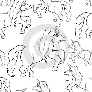 Coloring seamless pattern unicorn horse girl child smiling. vec