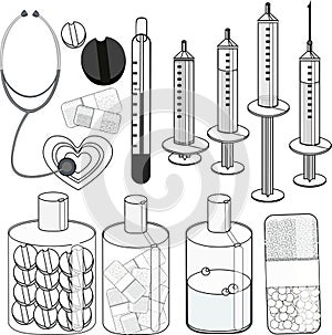 Coloring set Medical stethoscope, thermometer, syringe, pill. vector illustration