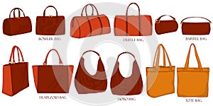 Coloring set of stylish bags. Bowling, hobo, trapezoid, duffle, barrel, tote.