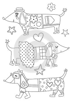 Coloring sheet for children with three funny dogs