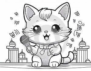 Coloring Sheet Of A Kitten Singing In Front Of A Microphone