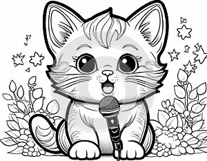 Coloring Sheet Of A Kitten Singing In Front Of A Microphone