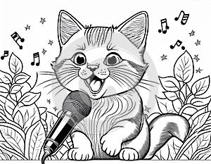 Coloring Sheet Of A Kitten Singing In Front Of A Microphone