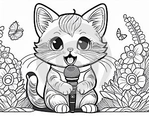 Coloring Sheet Of A Kitten Singing In Front Of A Microphone