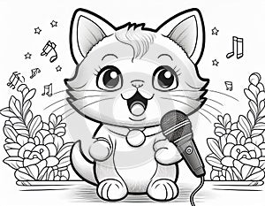 Coloring Sheet Of A Kitten Singing In Front Of A Microphone