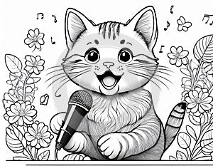 Coloring Sheet Of A Kitten Singing In Front Of A Microphone