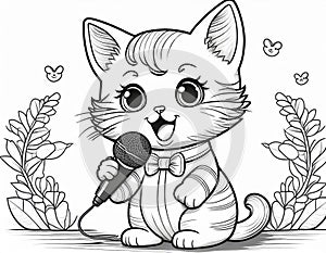 Coloring Sheet Of A Kitten Singing In Front Of A Microphone