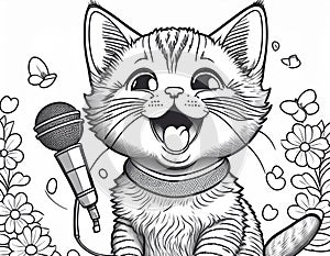 Coloring Sheet Of A Kitten Singing In Front Of A Microphone