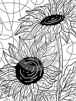 Coloring sunflower, plant. Flower outline full page. Page outline of cartoon. Zen-tangle style. Hand draw