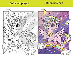 Coloring with template cute flying unicorn with moon