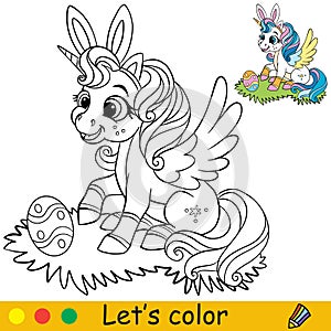 Coloring with template cute sitting easter unicorn vector illustration