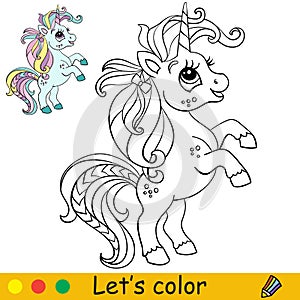 Coloring with template funny turquoise unicorn vector illustration