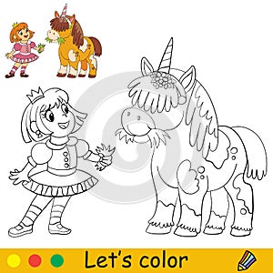 Coloring with template Halloween princess with a unicorn