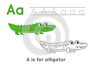 Coloring and tracing page with letter A and cute cartoon alligator.