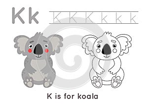 Coloring and tracing page with letter K and cute cartoon koala.