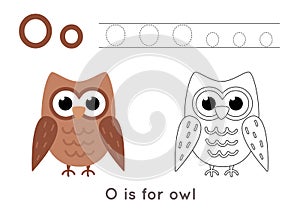 Coloring and tracing page with letter O and cute cartoon owl.