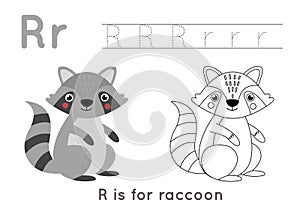Coloring and tracing page with letter R and cute cartoon raccoon.