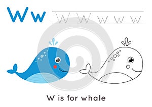 Coloring and tracing page with letter W and cute cartoon whale.