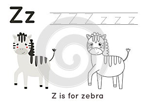Coloring and tracing page with letter Z and cute cartoon zebra.