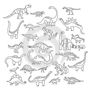 Coloring with various dino characters set.Game for kids.Cute hand drawn dinosaurs.Sketch Jurassic,Mesozoic reptiles.