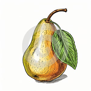 Colorized Hand Drawn Illustration Of Ripe Pear With Golden Age Style