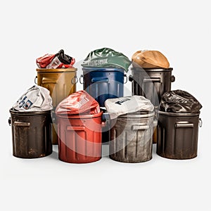 Colorized Trash Cans On White Background: Photorealistic Steampunk Style