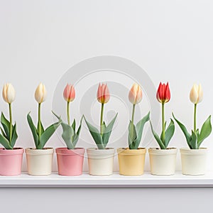 Colorized Tulip Pots On White Shelf - Soft Color Fields photo